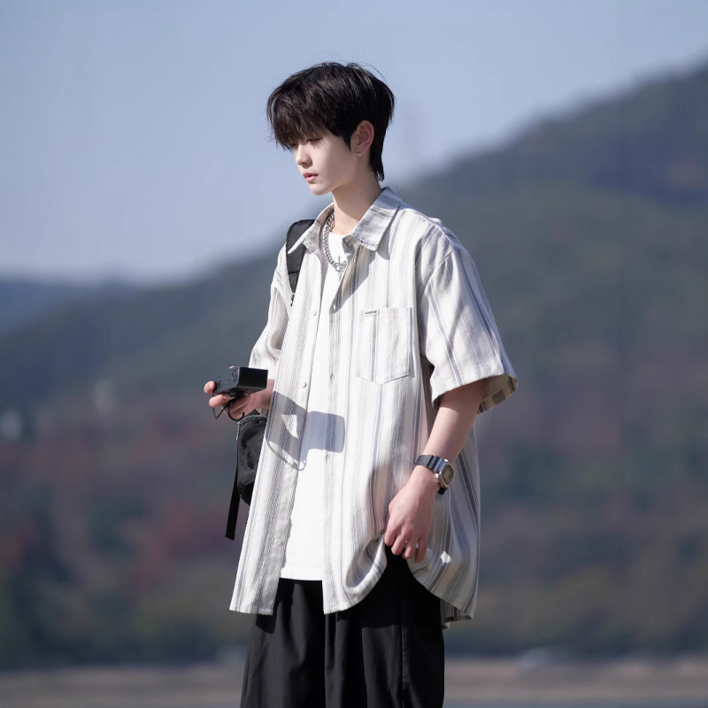 条纹短袖衬衫男女2025夏季薄款男士大码纯棉上衣男生休闲衬衣外套