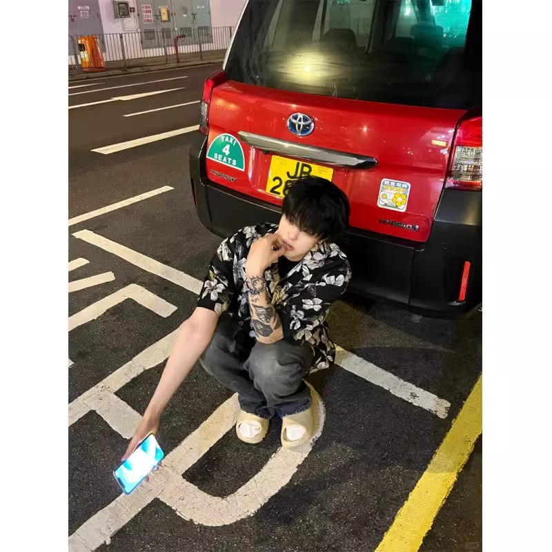 vintage古巴领冰丝花衬衫男短袖