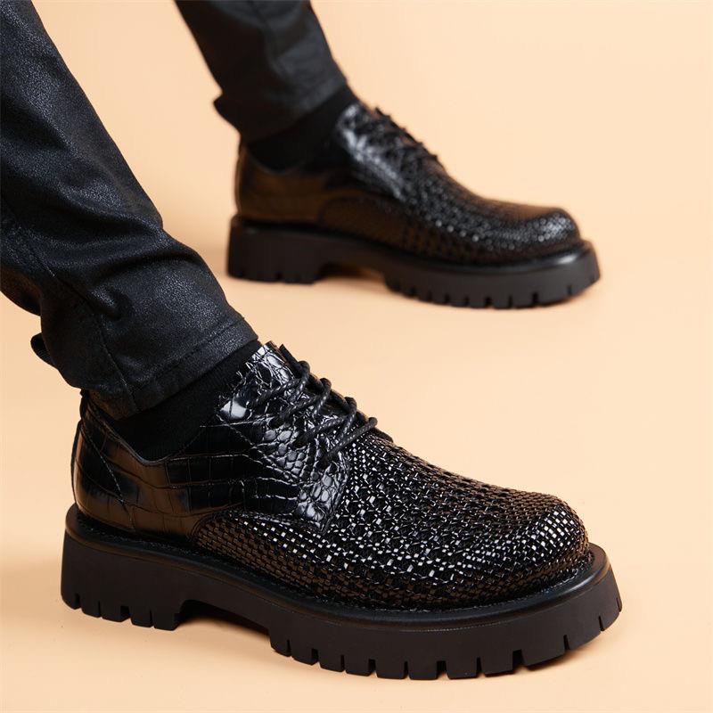 秋季内增高男鞋6cm真皮厚底编织8cm透气休闲男士内增高镂空洞洞鞋