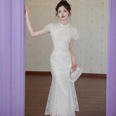伴娘装新中式国风改良刺绣旗袍鱼尾领证订婚白色连衣裙宴会礼服