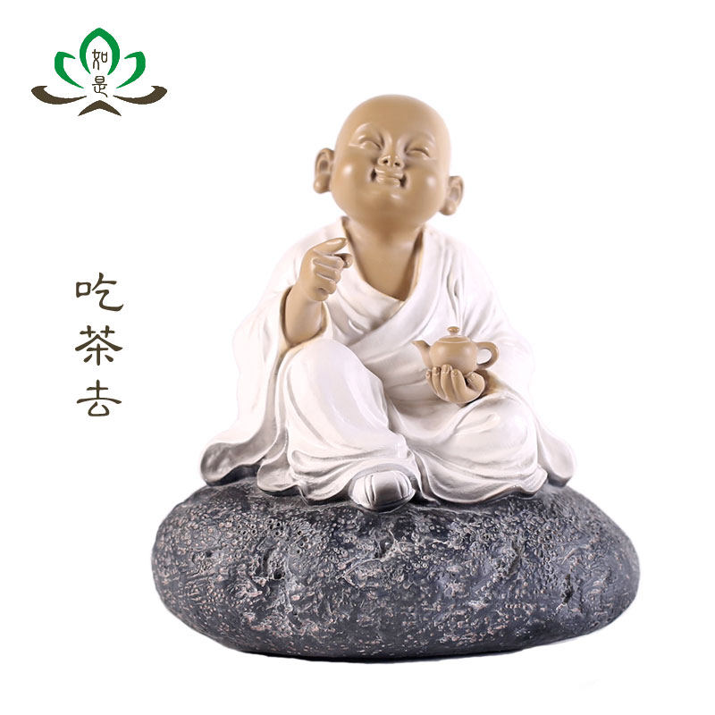 一角禅石愿礼品茶道摆件收藏 台湾铁丸石小和尚吃茶去 禅趣小沙弥