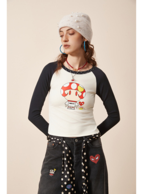 BAD GIRL & AJPG联名美式波点插肩修身长袖T恤女2025春秋新款打底