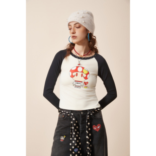 AJPG联名美式 波点插肩修身 长袖 打底 BAD T恤女2025春秋新款 GIRL