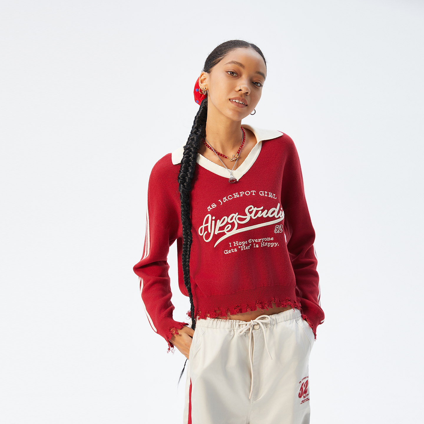 美式复古学院风街头红色v领T恤