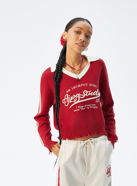 AJPG美式复古学院风v领撞色针织T恤秋季运动街头红色polo领上衣女