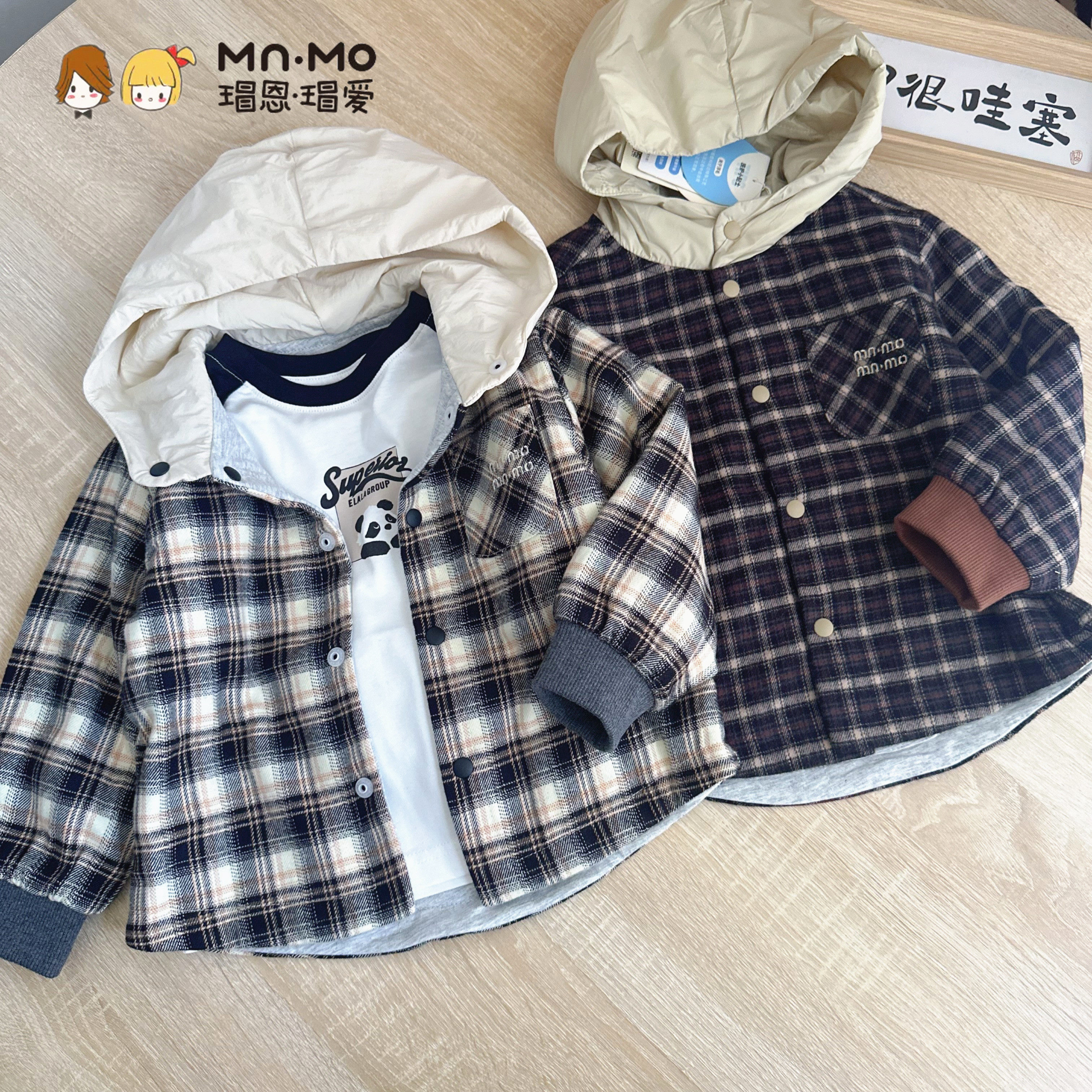 瑁恩瑁爱新款男童夹薄棉衣格子衬衫外套连帽男宝宝保暖校服神器潮