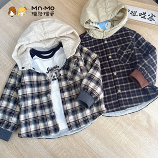 瑁恩瑁爱新款男童夹薄棉衣格子衬衫外套连帽男宝宝保暖校服神器潮