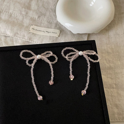 粉色水晶蝴蝶结流苏耳钉女轻奢高级感个性独特精致时尚耳环耳饰