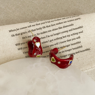 红色滴油彩钻爱心耳钉女独特设计感个性 精致轻奢优雅百搭耳环耳饰