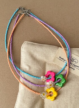 夏季多巴胺女孩彩色花朵串珠项链女简约甜美清新时尚颈链锁骨链