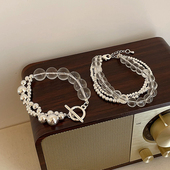 透明串珠拼接金属圆球多层手链女独特设计感个性 百搭手环手饰 时尚