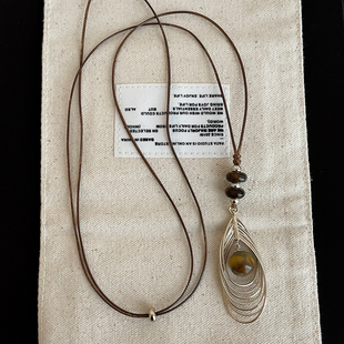 不规则多层缕空椭圆虎眼石棕绳抽拉项链女个性独特时尚颈链毛衣链