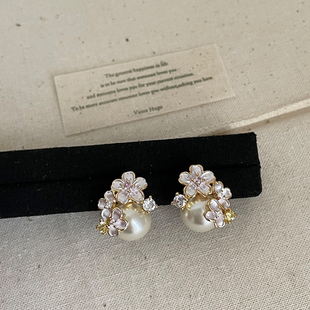 气质耳环耳饰 时尚 法式 甜美粉色滴油花朵珍珠耳钉女简约潮流个性