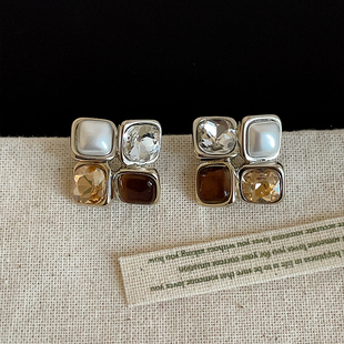 几何方形珍珠水晶耳钉女美拉德气质独特复古时尚 潮流百搭耳环耳饰