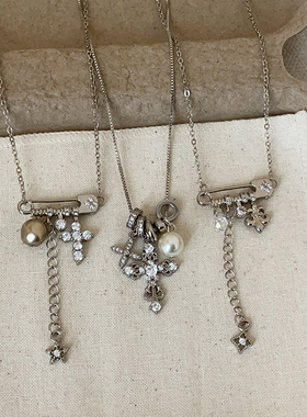 欧美潮流个性别针十字架鸢尾花链条流苏项链女轻奢时尚颈链锁骨链