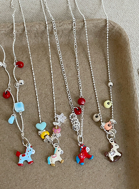 甜美多巴胺爱心跑环小马吊坠项链女少女心可爱时尚潮流颈链毛衣链