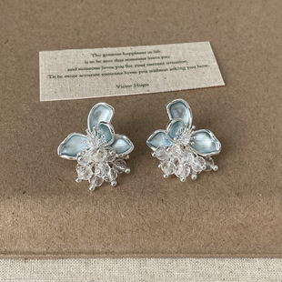 蓝色滴油花朵水晶流苏耳钉女轻奢高级感清新简约气质百搭耳环耳饰