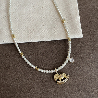 小众设计感摇摇木马锆石爱心珍珠项链女童趣精致时尚颈链锁骨链