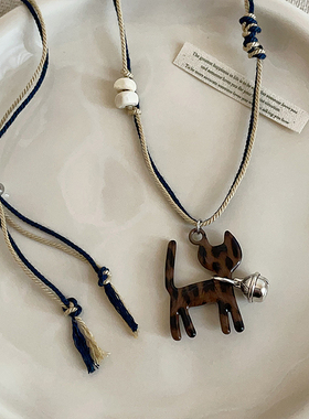 韩系豹纹铃铛猫咪抽拉编绳项链女简约个性可爱时尚百搭颈链毛衣链
