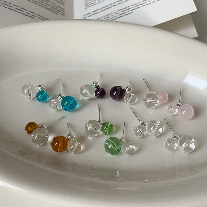清新百搭彩色透明树脂圆球耳钉女高级感小众精致时尚潮流耳环耳饰