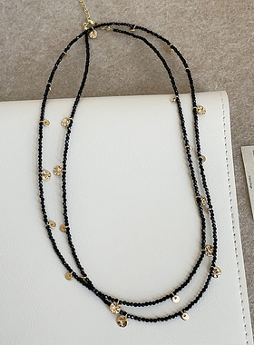 辣妹甜酷黑色水晶串珠圆片流苏项链女高级感时尚潮流颈链毛衣链