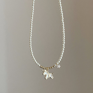 贝母独角兽珍珠项链女简约设计感轻奢小众气质百搭时尚颈链毛衣链