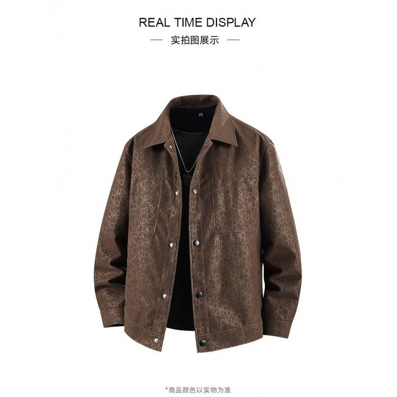 专柜品牌男士翻领印花皮衣2025秋冬新款男装中青年商务休闲简约百