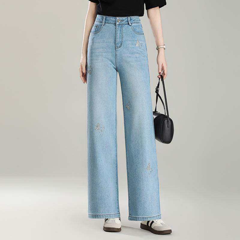 专柜品牌浅蓝色烫钻窄版阔腿牛仔裤女2026春季薄款新款高腰显瘦休