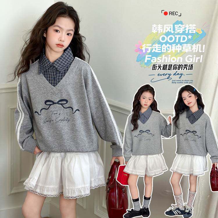 专柜品牌女童卫衣中大童假两件格子领卫衣春装2026春季中大童蝴蝶