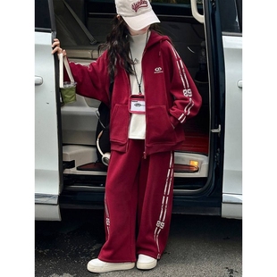 专柜品牌女大童一体绒卫衣套装冬款休闲显瘦宽松初中学生女孩加绒