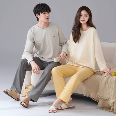 专柜品牌100%全棉情侣睡衣秋冬款春秋季长袖纯棉秋天卡通男女款家