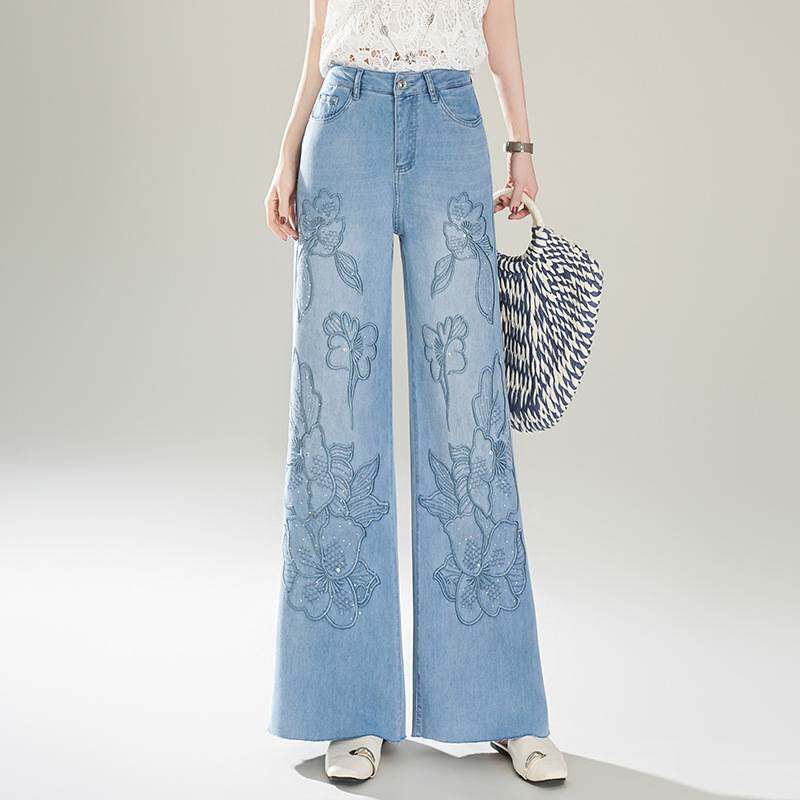 专柜品牌高级感刺绣阔腿牛仔裤女2026年春季新款高腰时尚宽松烫钻