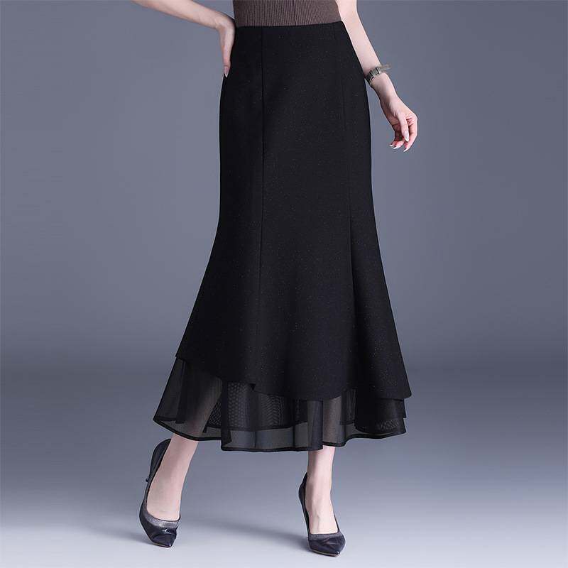 专柜品牌网纱拼接毛呢鱼尾半身裙女2026春秋季新款直筒高腰包臀一