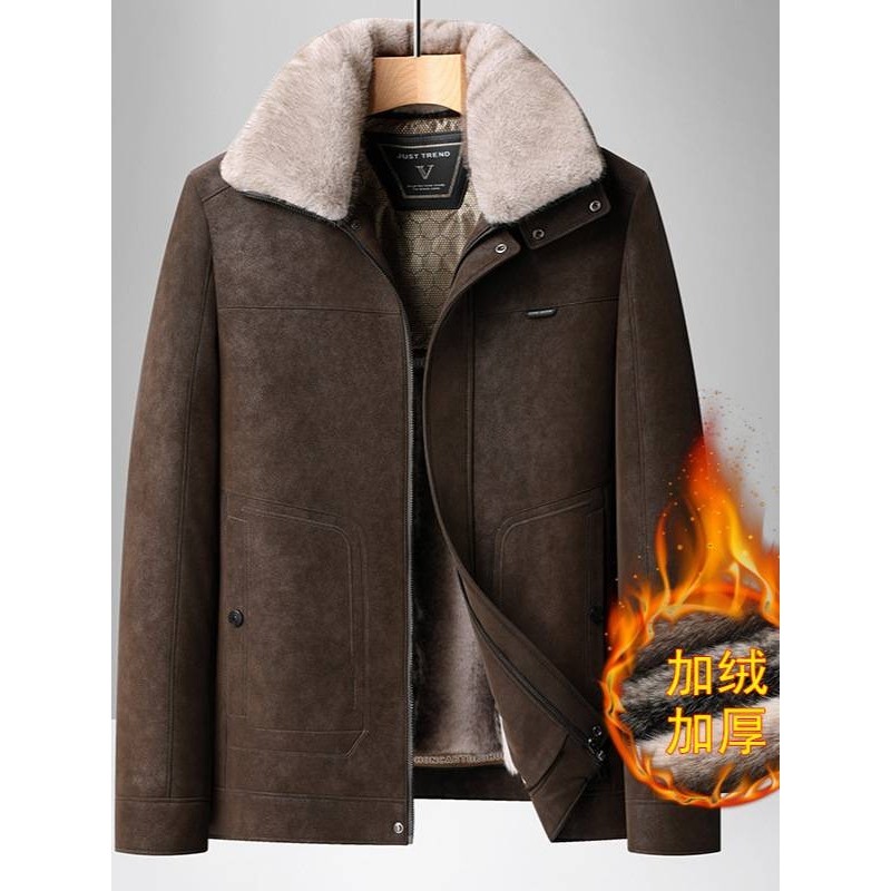 专柜品牌男士加绒加厚毛领皮衣2025冬季新款男装中老年商务休闲爸