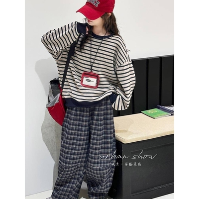 专柜品牌女童卫衣套装秋季2025新款初中生女孩条纹上衣童装女大童