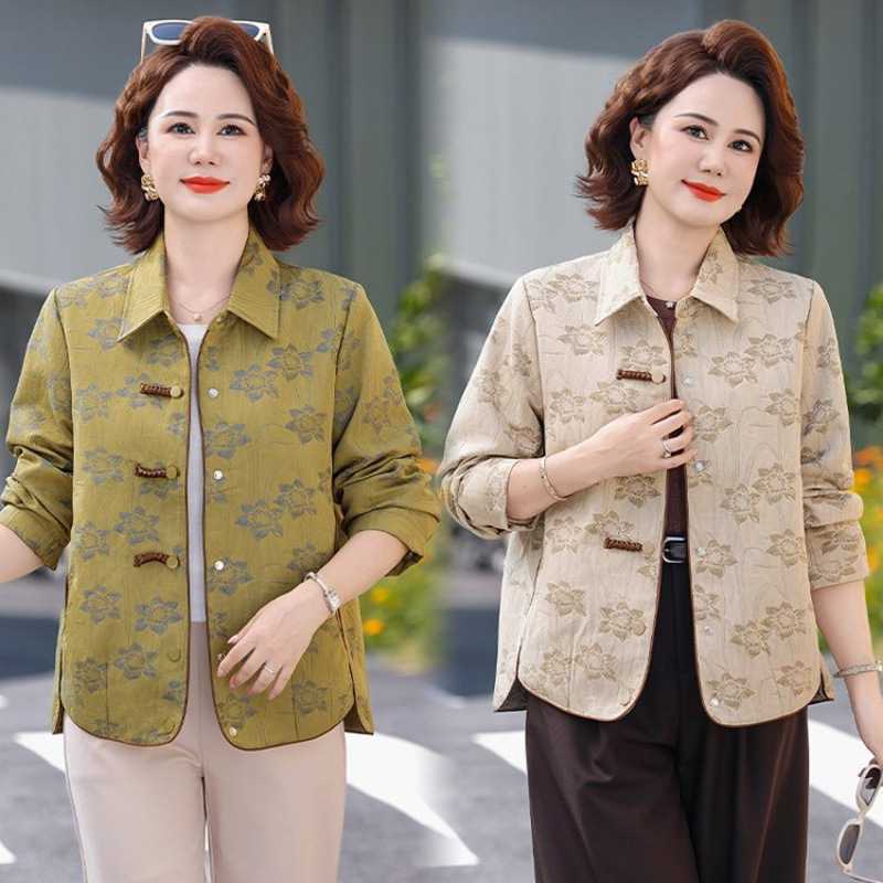品牌官方新款休闲花色短款上衣春秋翻领长袖洋气妈妈装中老年宽松
