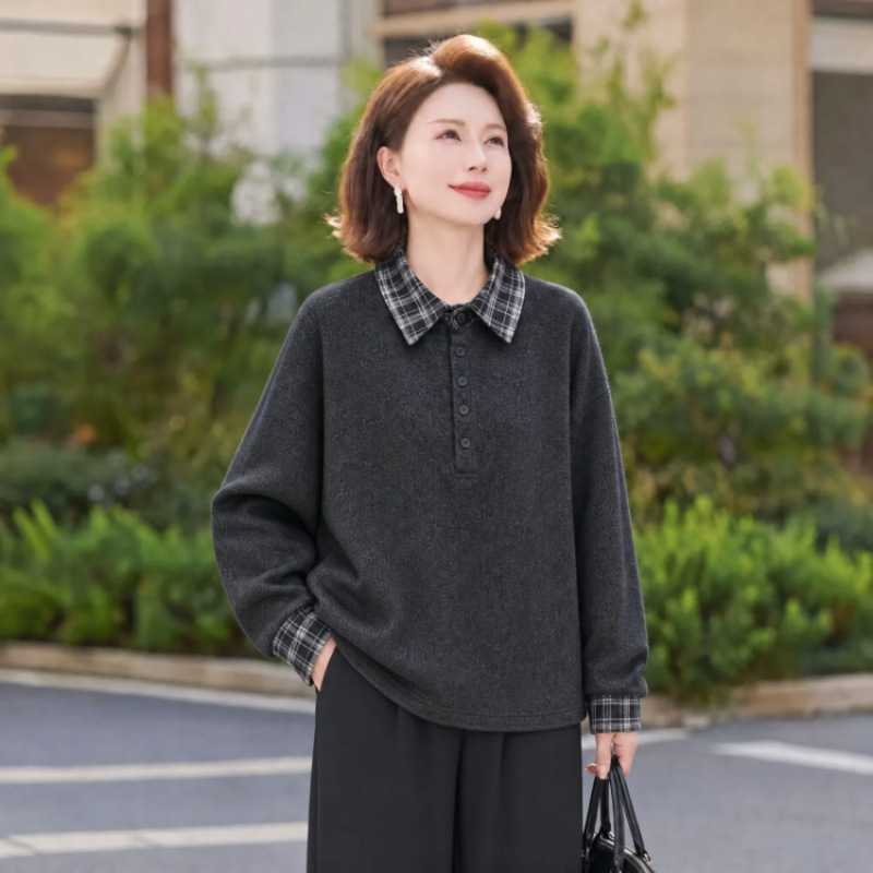 品牌官方妈妈春秋季新款格子翻领卫衣套头上衣长袖气质感女装时尚