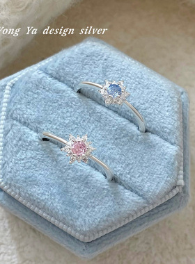 足银S999雪花锆石戒指高级感轻奢甜美创意开口可调节饰品闺蜜礼物