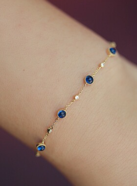 仲夏｜S925银镀14K金蓝石细手链女轻奢日系设计感礼物小众