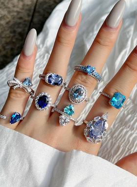欧美风爆款S925纯银戒指女奢华感蓝冰花切8A/5A锆石女饰厂家直销