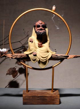 陶瓷达摩佛像摆件实木底座工艺品新中式客厅禅意家居会所软装饰品