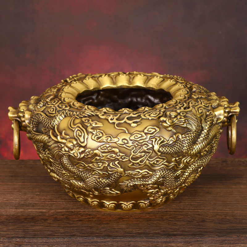 云龙缸摆件纯铜聚宝盆摆件家用办公室装饰品龙缸店铺开业乔迁礼品