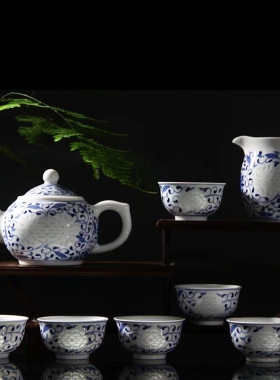 厂庆纪念伴手礼手绘青花玲珑双喜茶具景德镇白瓷茶壶杯子组合木盒