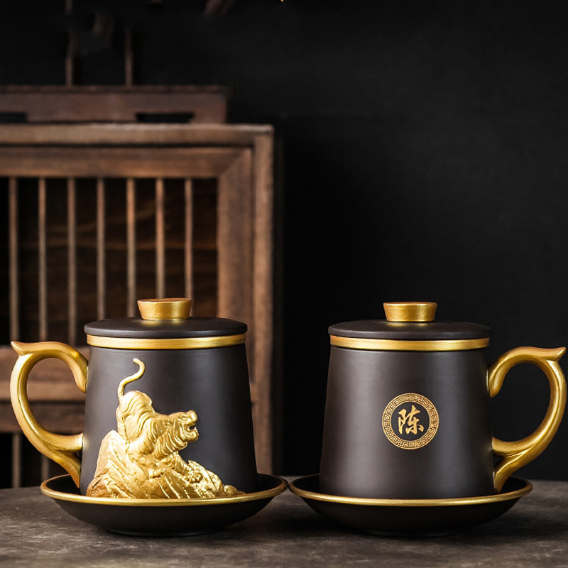 宜兴紫砂个人盖杯专用鎏金真金十二生肖茶水分离杯子送长辈茶杯
