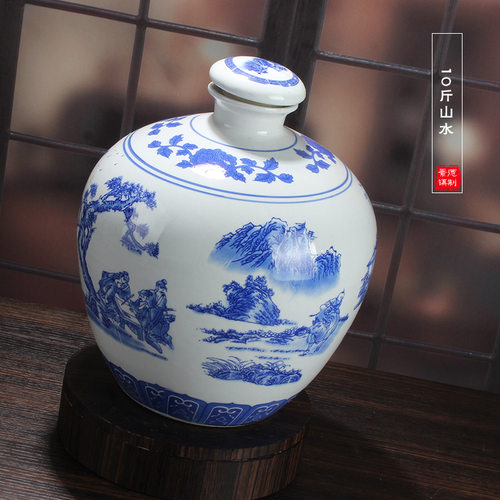 景德镇陶瓷酒坛 陶瓷酒瓶 10斤装青花牧童山水 密封罐酒壶