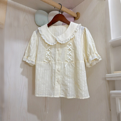 Lolita内搭娃娃领衬衫2025超火短袖夏条纹减龄小个子洛丽塔jk上衣