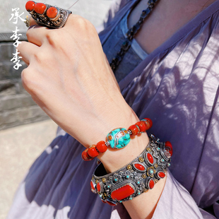 承李李原创设计 藏传有机红宝松石 高级复古风老银錾花高工手镯女