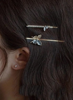 高级灰色蝴蝶一字夹法式发夹侧边刘海夹气质简约小众百搭对夹发饰