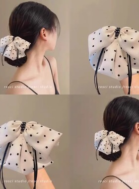 黑白时尚波点蝴蝶结飘带抓夹女高级感百搭头饰发夹新款后脑勺发卡