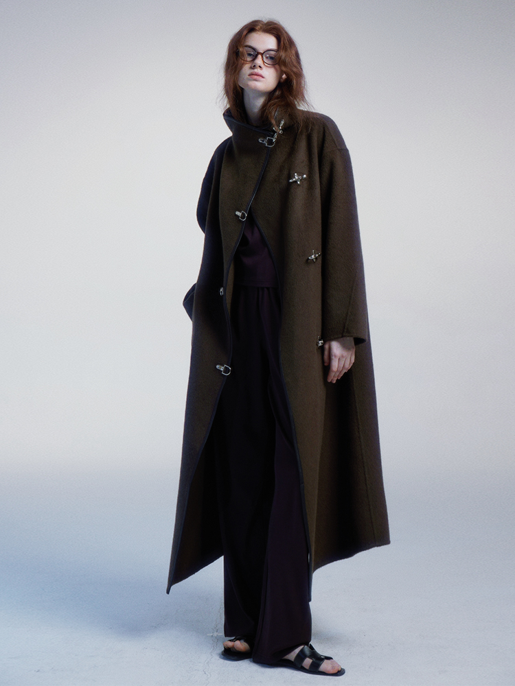 peur宽松立领中长款羊绒廓形外套